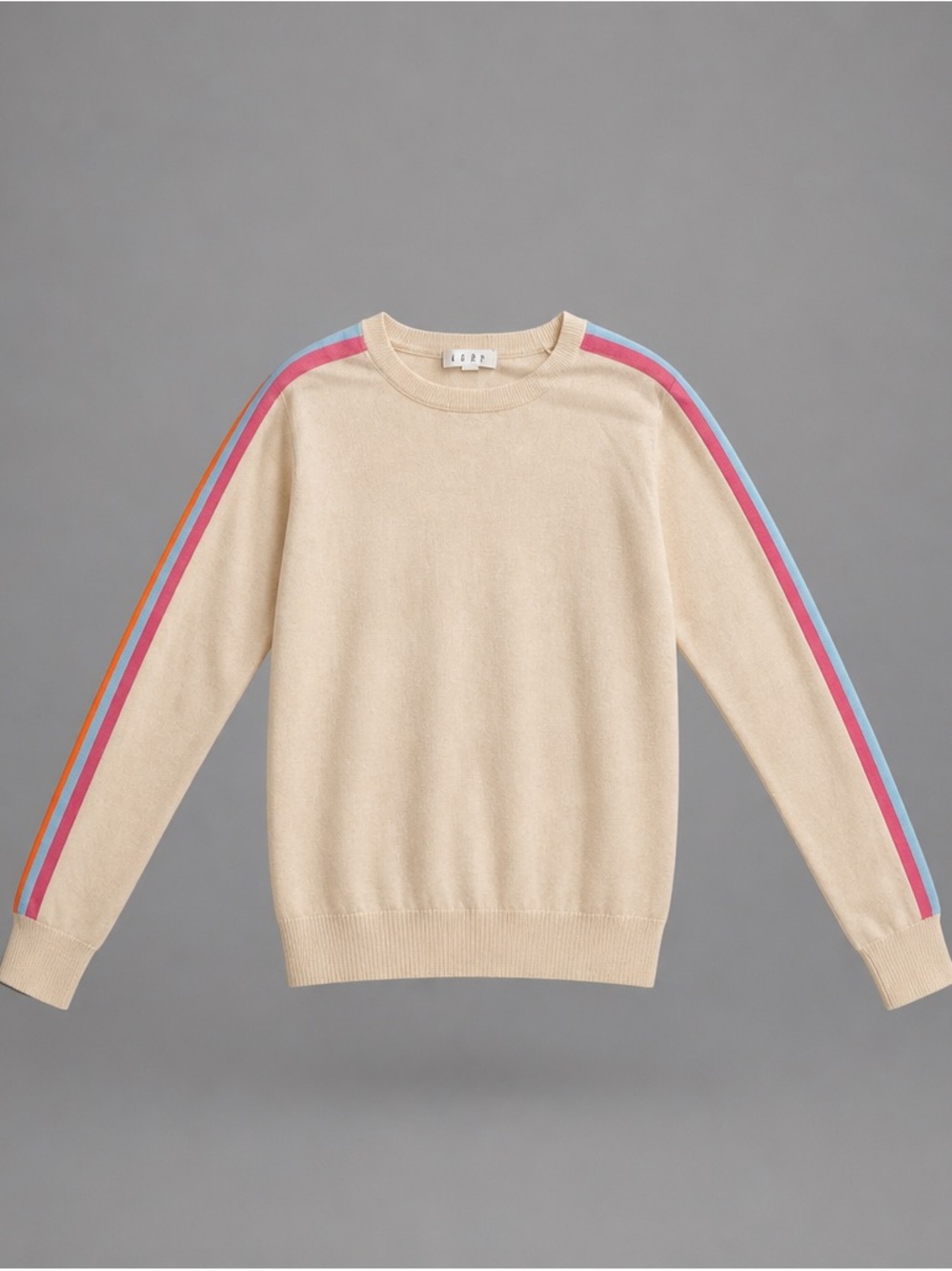 THML Beige Crewneck Sweater with Pink Blue and Orange Stripe Sleeves - Picture 2 of 8